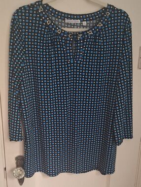 NOTATIONS WOMENS XL BLUE POLKA DOT JEWELED NECK TUNIC PRE-OWNED